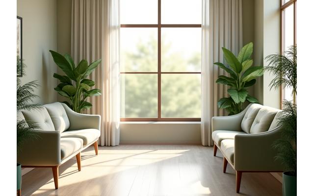 Inviting, naturally lit interior of VerdeluxeHarmonia Bloom's Boulder office, featuring comfortable seating and subtle green elements.