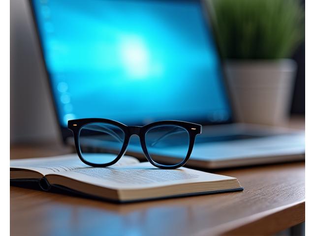 Blue light blocking glasses on a desk next to a laptop.