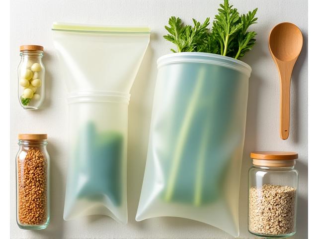 Reusable silicone food storage bags and bamboo cooking utensils on a countertop.