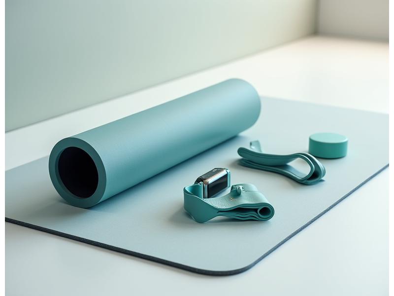 A foam roller, resistance bands, and a smart watch for fitness tracking, laid out on a yoga mat.