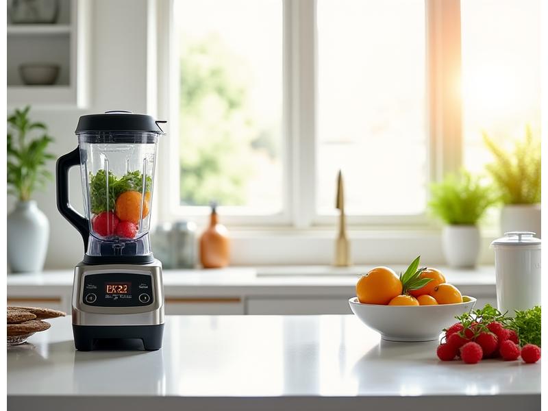 A modern kitchen counter with a high-speed blender, a smart food scale, and fresh produce.