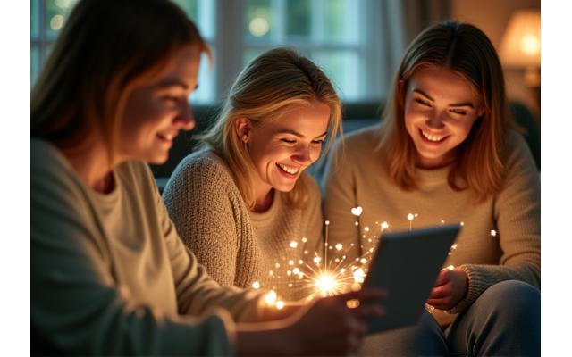 Diverse group of adults interacting digitally, connected by subtle lines and icons representing positive communication and support within a community platform. Clean, modern, and harmonious aesthetic.