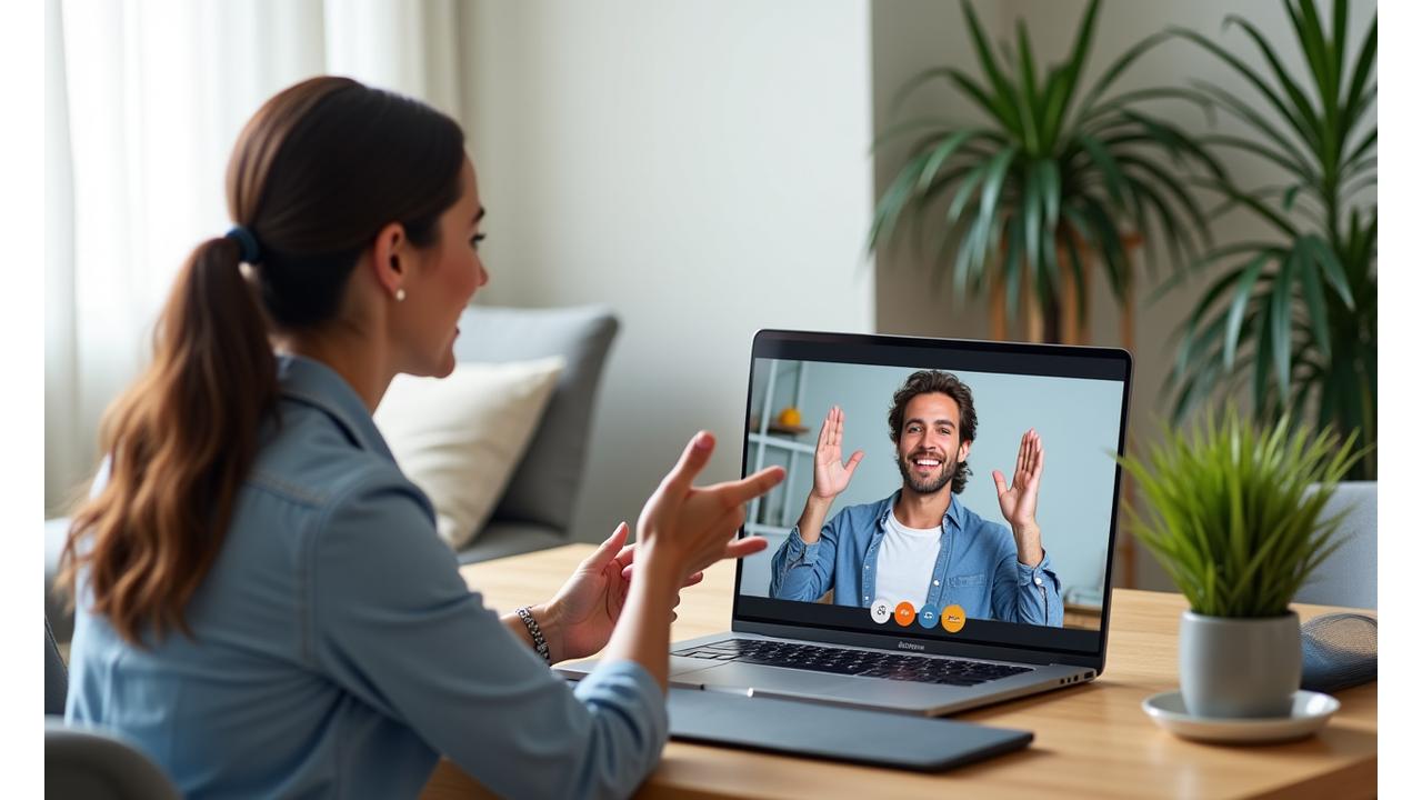 A professional wellness coach guiding a client through a virtual coaching session on a laptop screen, demonstrating convenience and focused interaction. The client is in a comfortable home setting.