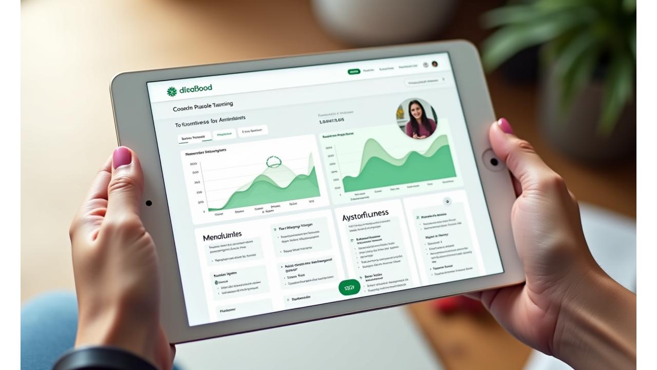 A sleek, modern user interface of the VerdeluxeHarmonia Bloom virtual coaching platform displayed on a tablet, showing clear progress graphs, a video call window, and resource tabs.