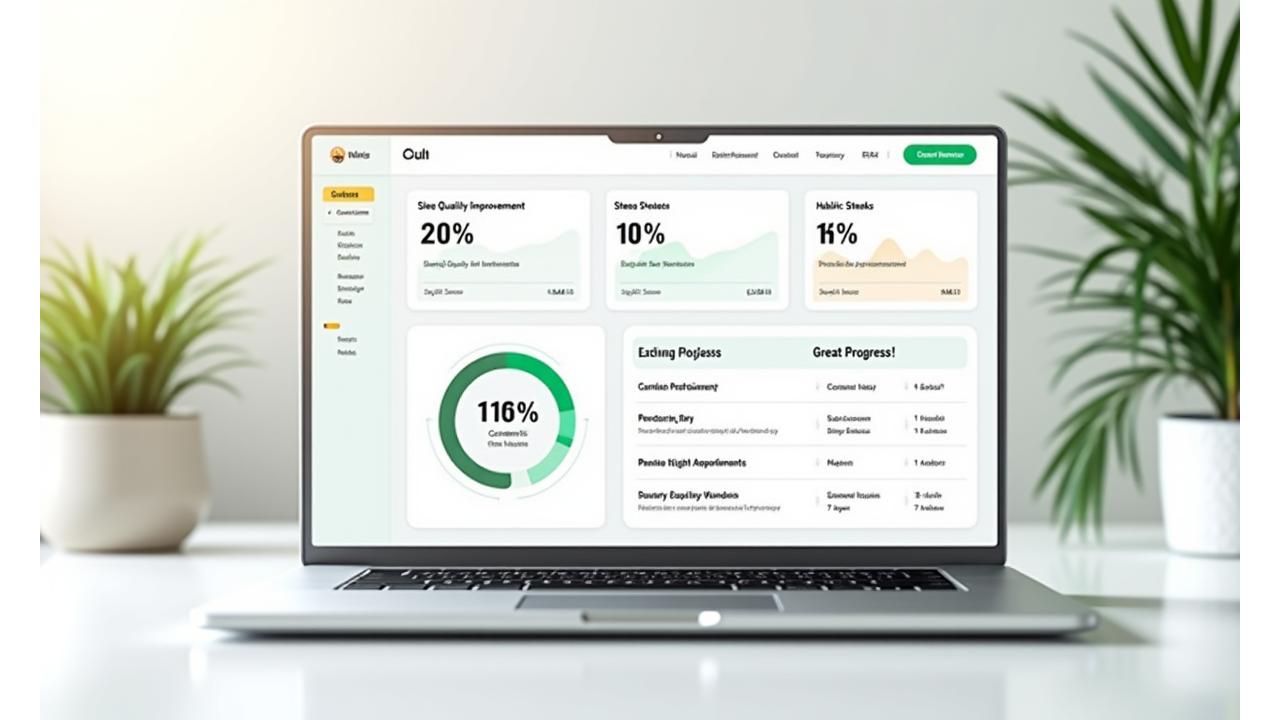 A clean, easy-to-read digital wellness dashboard on a laptop screen, displaying charts for sleep patterns, activity levels, and stress metrics, highlighting positive progress.